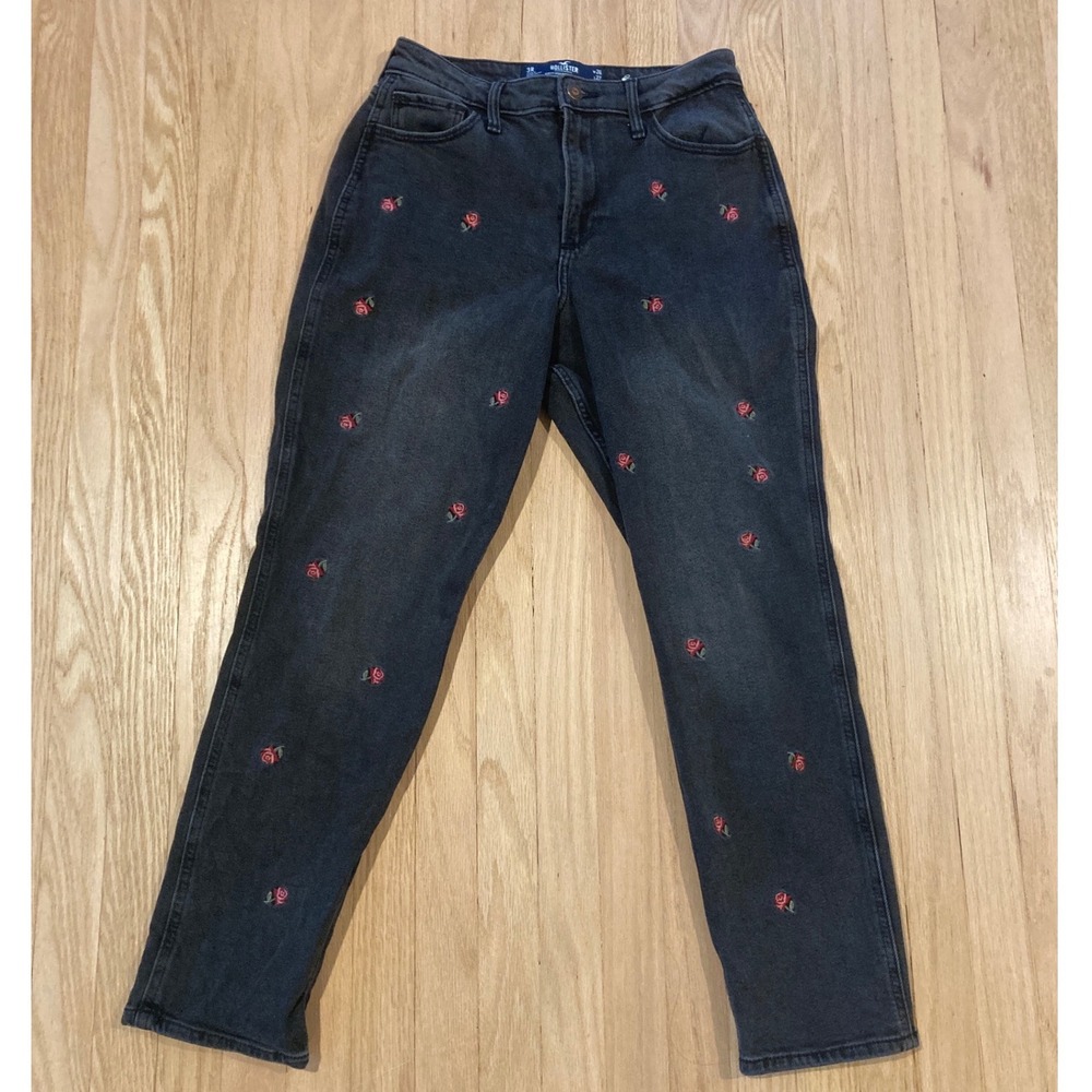 Hollister Size 3R Black Jeans Red Embroidered Roses Relaxed Fit Tapered Leg Twee